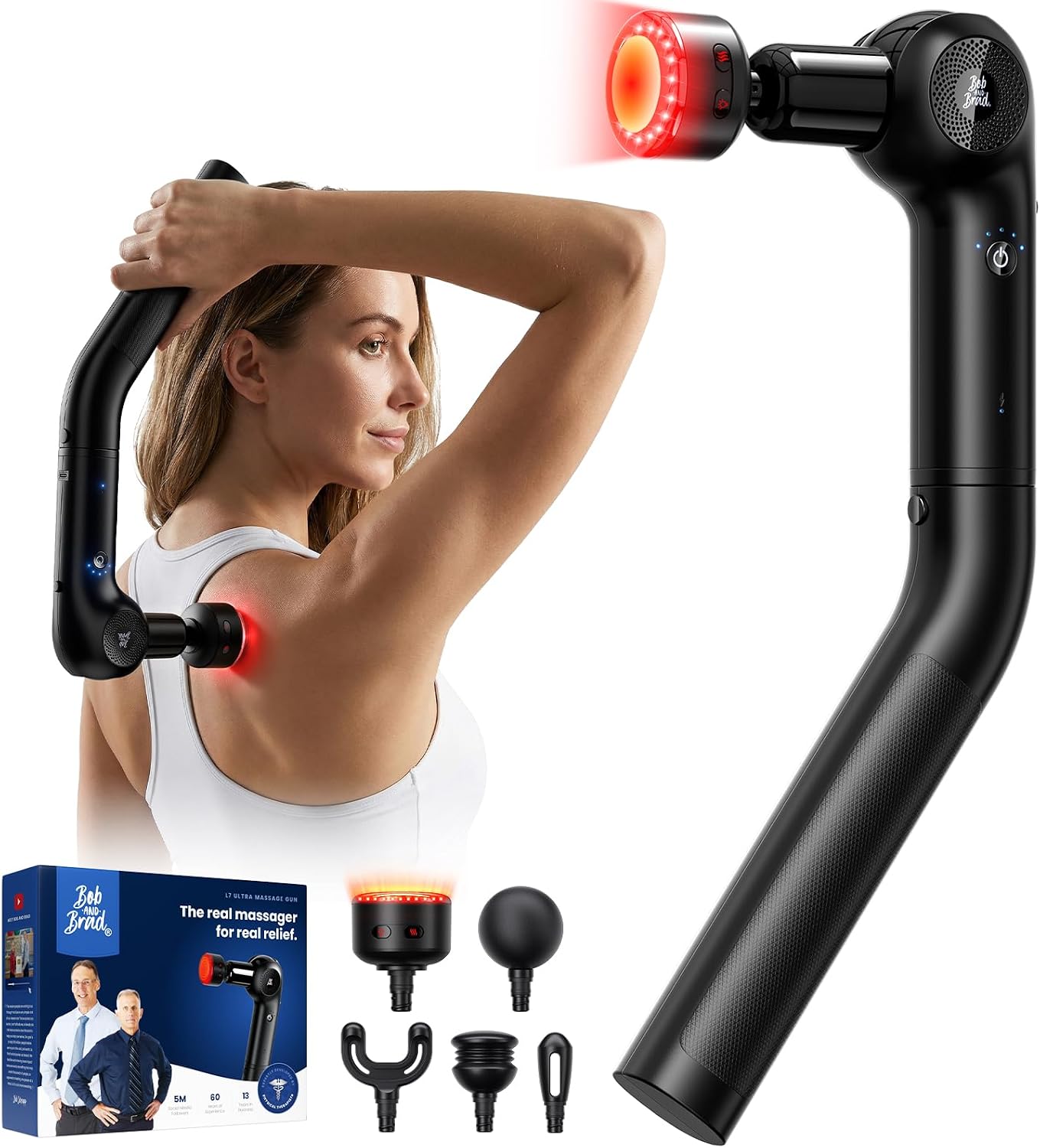 Detalle de BOB AND BRAD L7 Ultra Massage Gun with Heat & Red Light – 2-in-1 Back Extension Handle