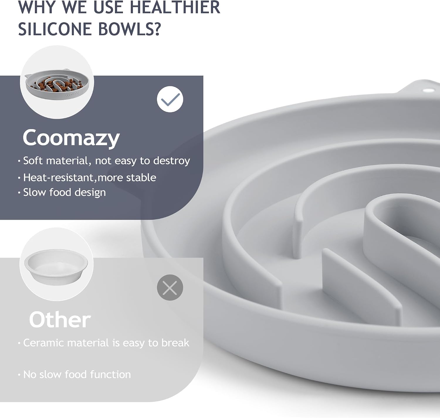 Detalle de Coomazy Anti Schling Napf für Katzen – Silikon Slow Feeder, rutschfeste Schlingschale in Grau