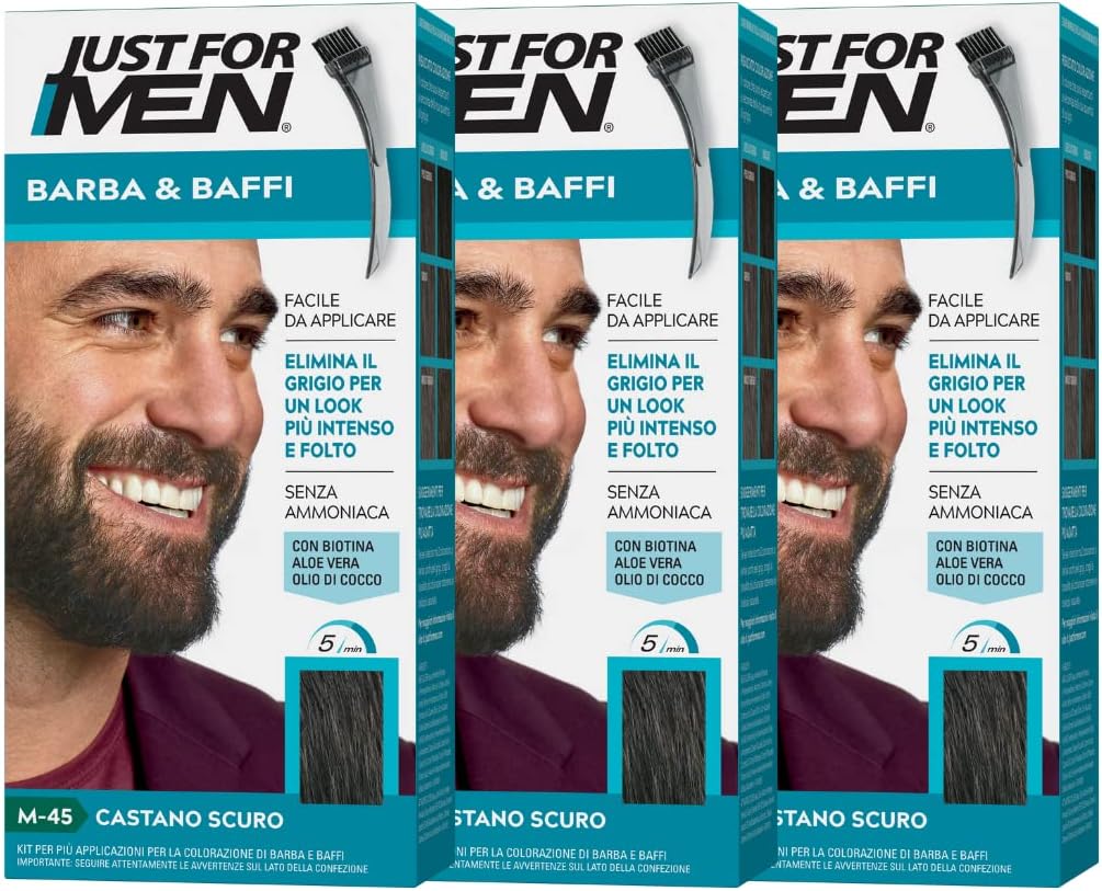 Detalle de Just For Men Barba & Baffi M45 – Tinta per Barba Castano Scuro, 3 Pack, senza ammoniaca, con applicatore