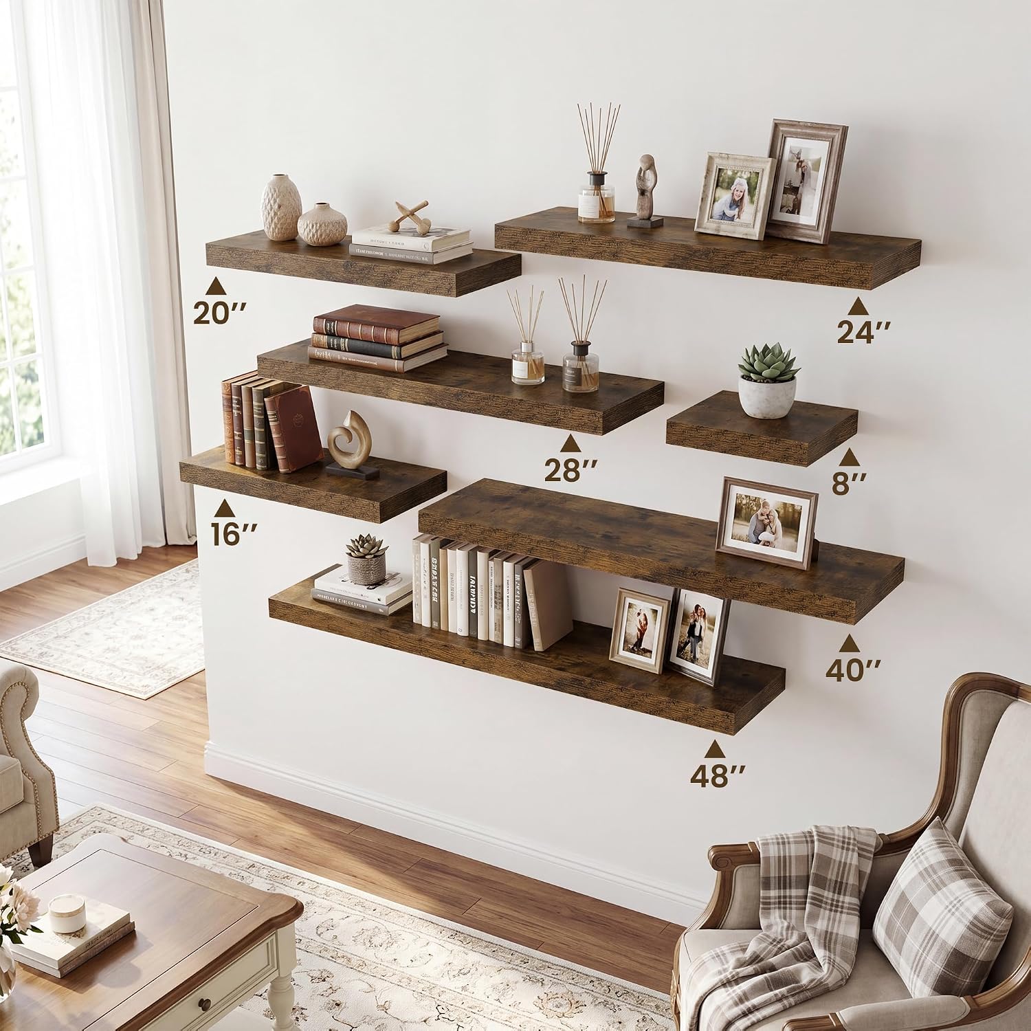 Thumbnail 5 de RICHFOCUS 8 Inch Floating Shelves Set of 4: Rustic Wall Shelves with Invisible Brackets