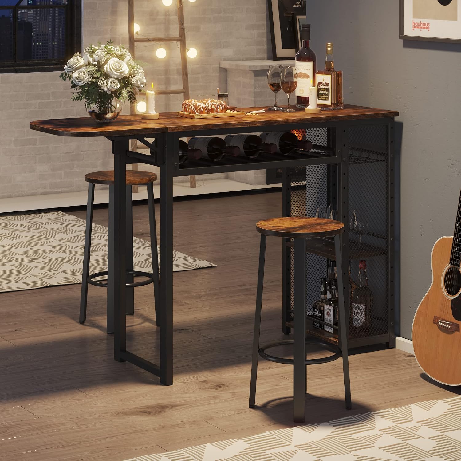 Detalle de Bestier Expandable Bar Table and 2-Stool Set with Wine Rack and Adjustable Shelves