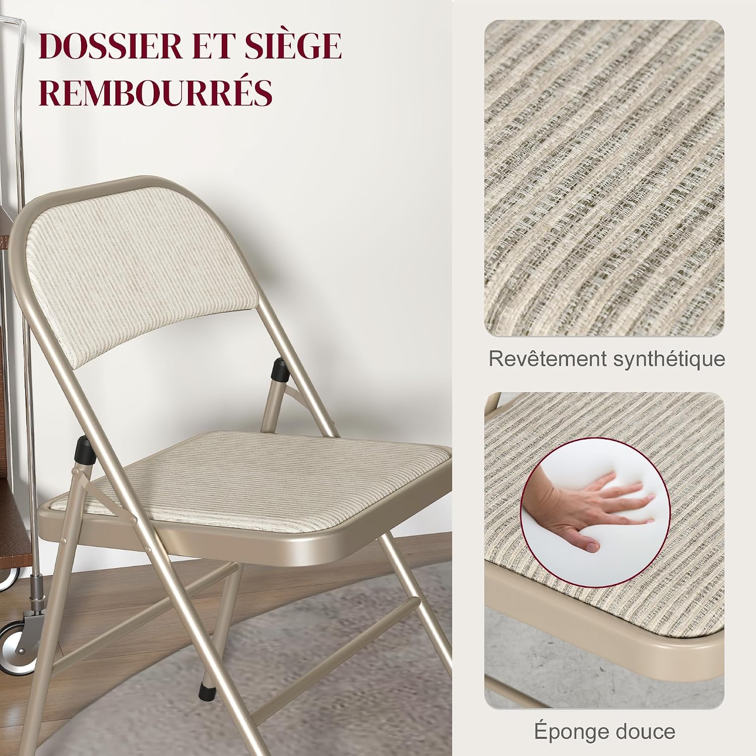 Thumbnail 3 de HOMCOM lot de 4 chaises pliantes d’intérieur en lin et acier (45 x 46 x 78 cm) – Beige