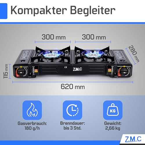 Thumbnail 7 de Z.M.C Gaskocher Campingkocher 2-flammig 2,5 kW – inkl. 12x 227 g Kartuschen und Adapter