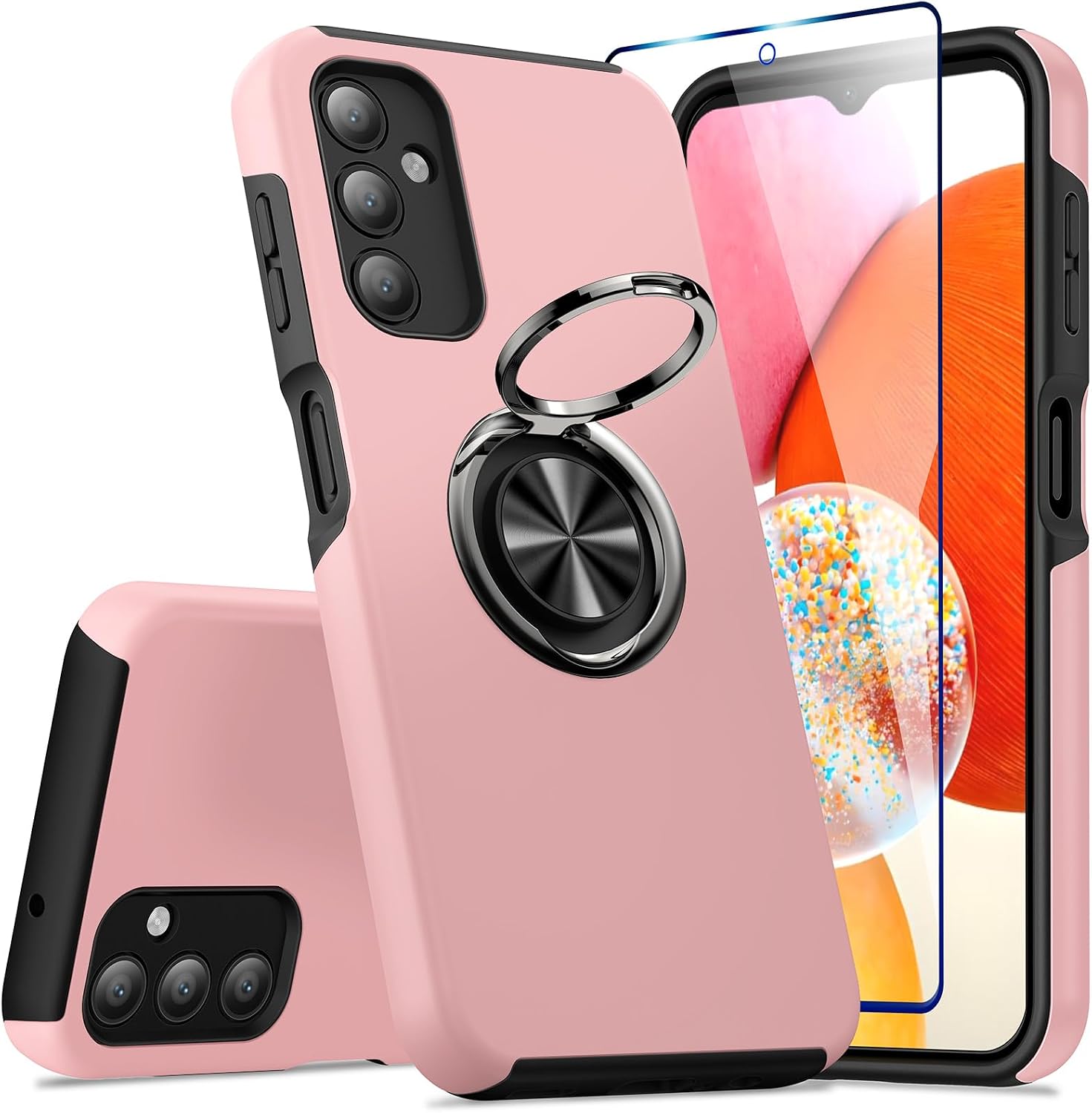 Detalle de KRAFTCARE Hülle für Samsung Galaxy A14 5G mit 360° Ring, Schutzfolie & robustem Stoßschutz – Rosa