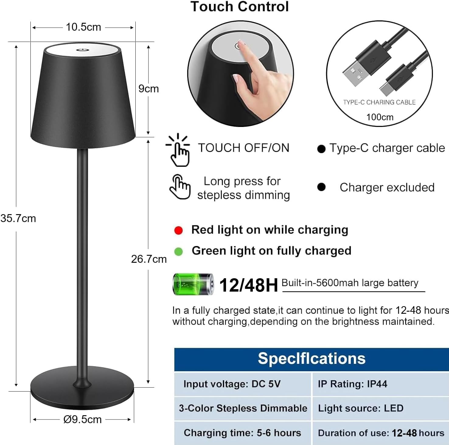 Thumbnail 3 de Kabellose, dimmbare LED-Akku-Tischlampe mit Touch & USB-C (IP44) – schwarz