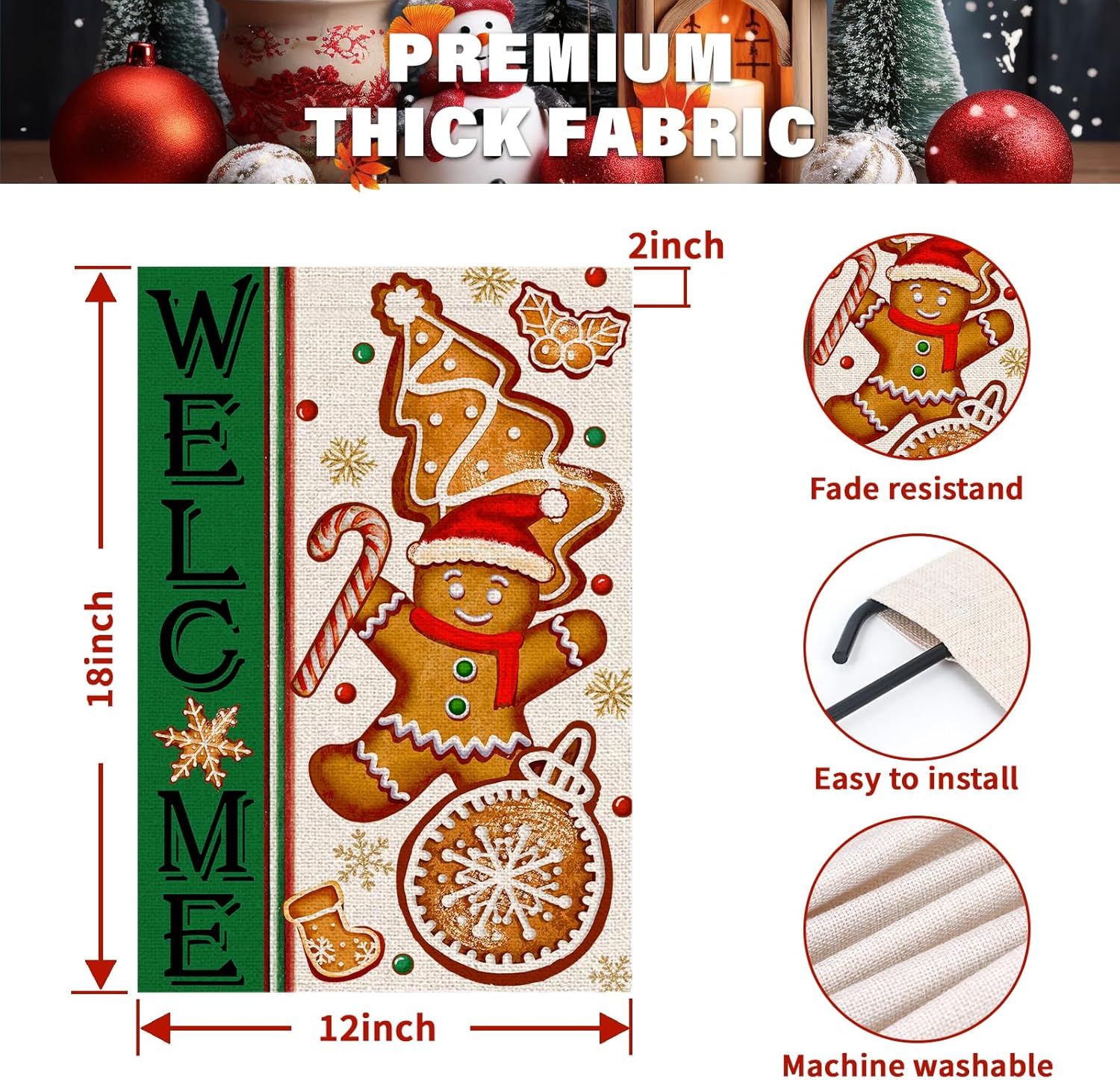 Thumbnail 6 de FUYUCHEN Welcome Gingerbread Man Garden Flag 12 x 18 in 🎍