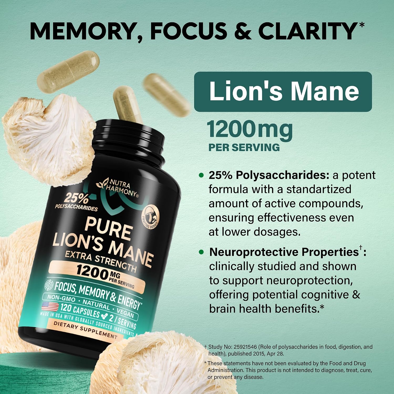 Detalle 2 de NUTRAHARMONY NH-LIONSMNCPS120 Lion’s Mane Capsules, 120 Vegan Caps