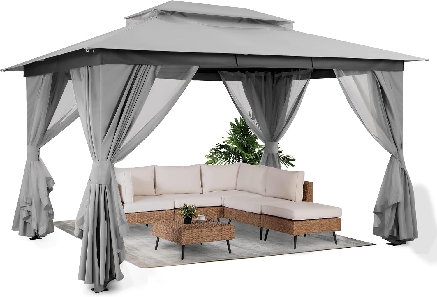 Detalle de LAUSAINT HOME 10x13 Gazebo Canopy with Double Roof, Netting & Curtains