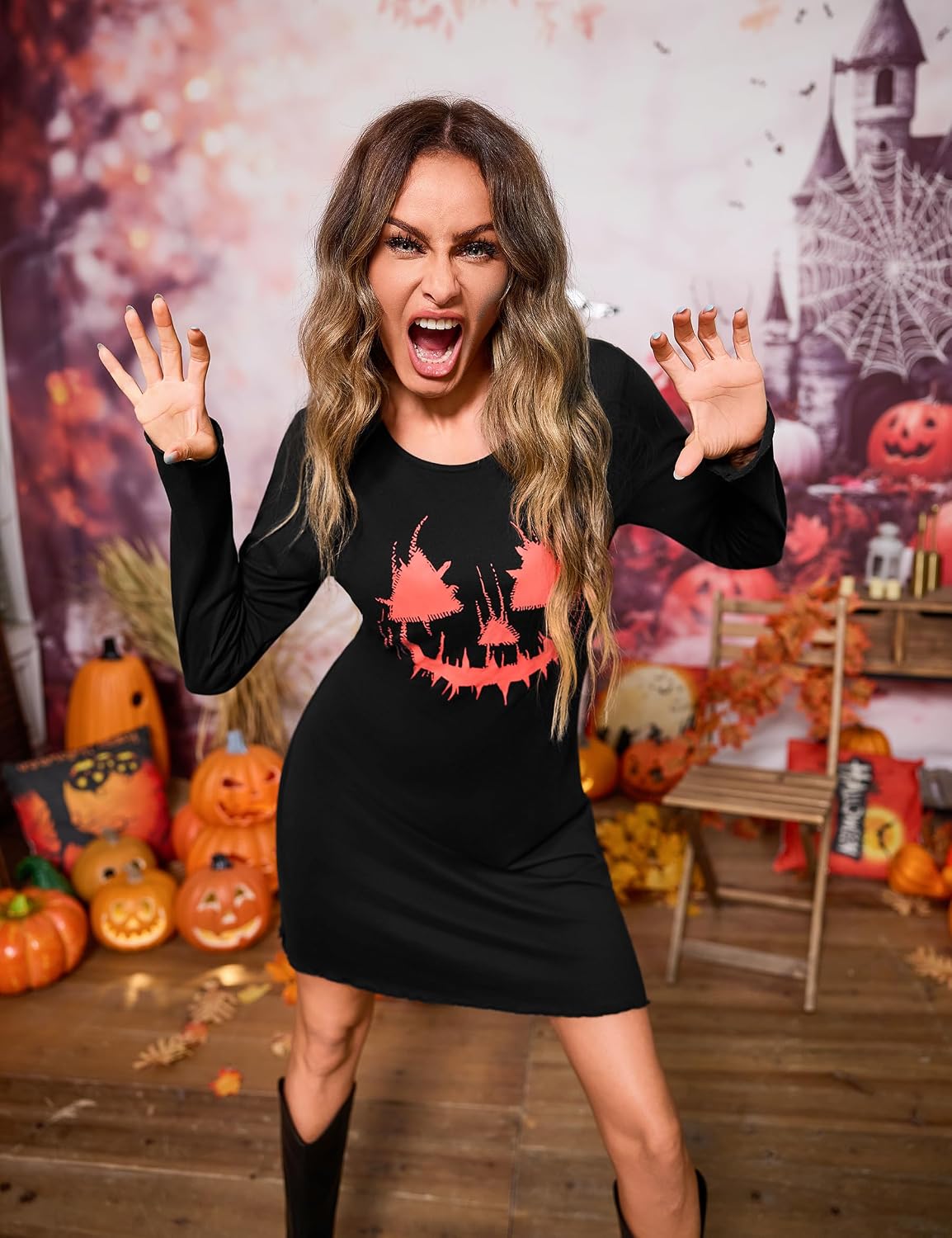 Detalle 2 de Demegimi Women's Nightdress – Long Sleeve Cotton Nightgown with Halloween Skull Print