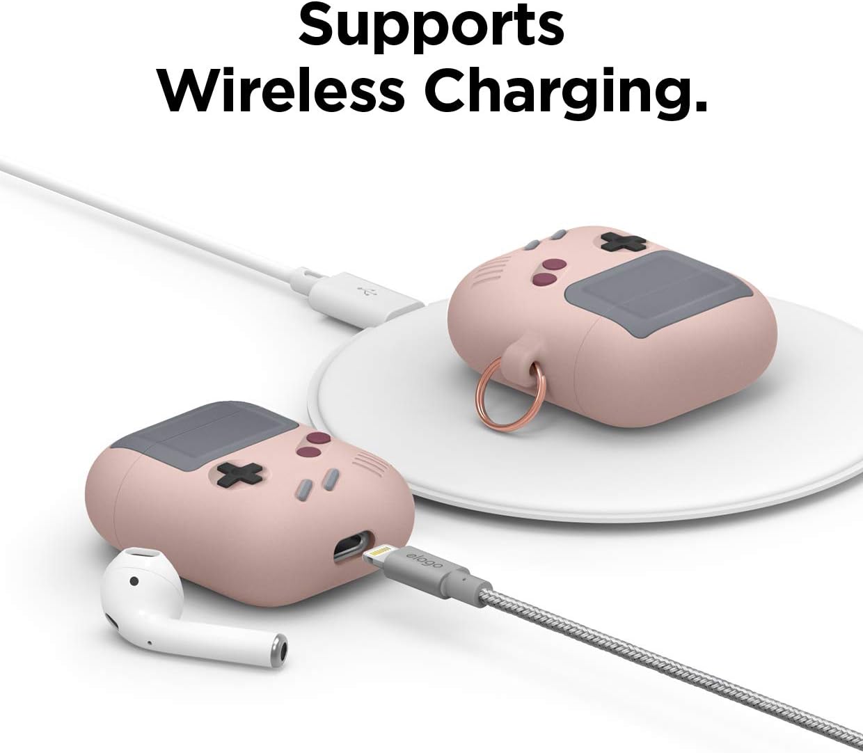 Detalle de elago Coque AW5 pour Apple AirPods 1 & 2 — étui silicone façon console de jeux avec mousqueton (Rose des Sables)