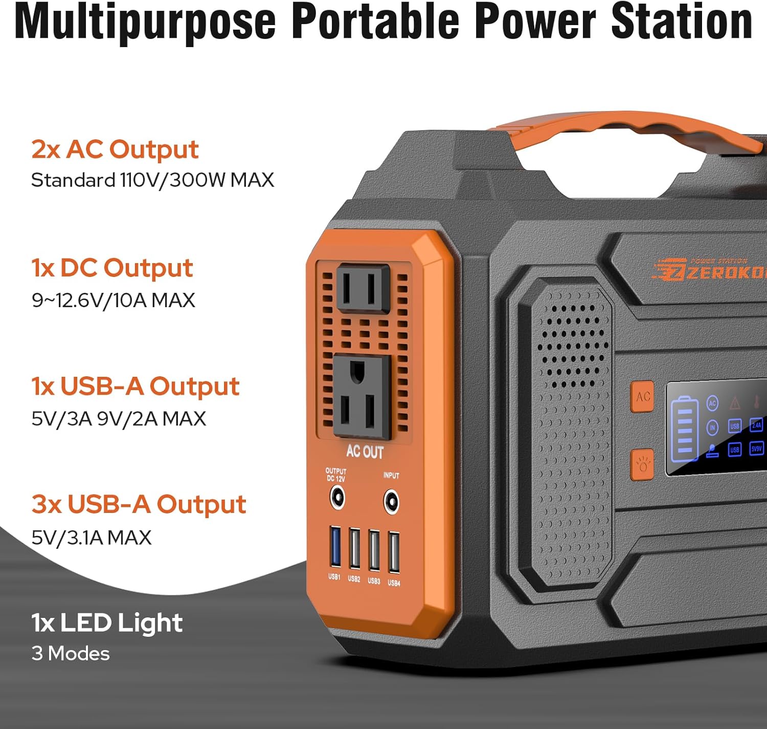 Detalle de ZeroKor R200 Portable Power Station, 280Wh, 300W, with 60W Solar Panel