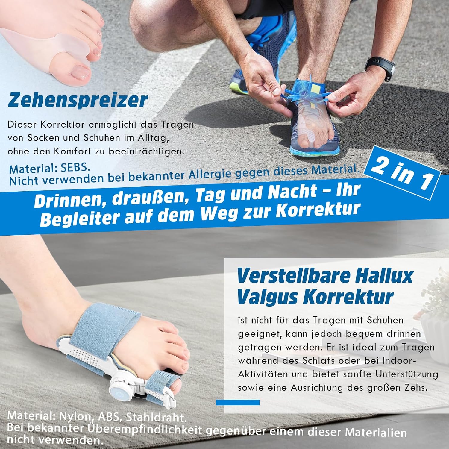 Detalle de Winyoher Hallux Valgus Korrekturset – Verstellbare Schiene und 2 Silikon-Zehenspreizer, Tag & Nacht