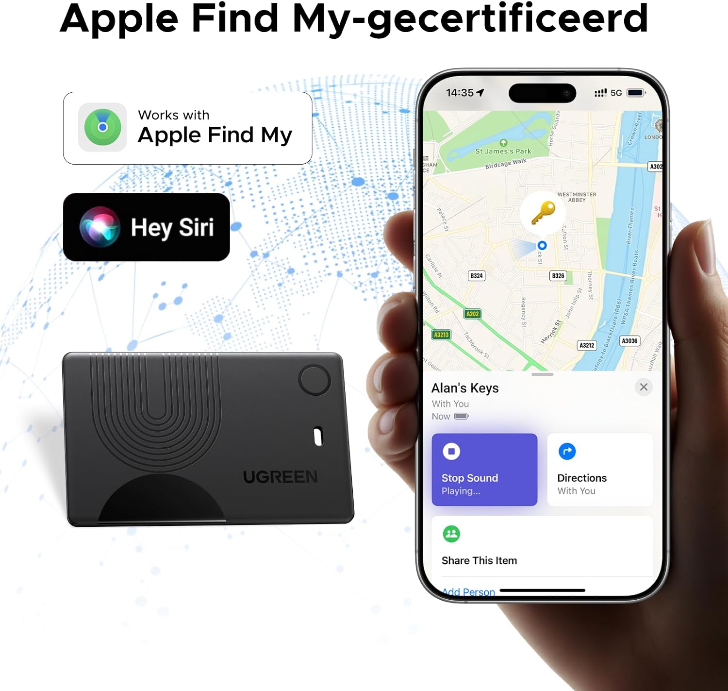 Detalle de UGREEN FineTrack Slim trackerkaart met draadloos opladen, IP68 en Apple Zoek mijn