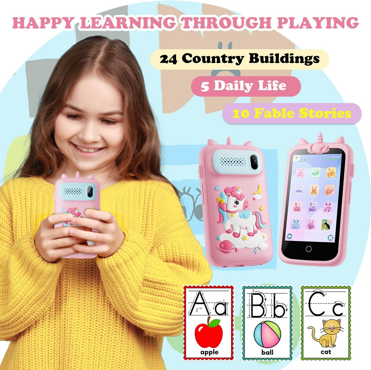 Detalle de Kids Smart Phone for Girls Toys, 3.97" Touchscreen, 8GB Card, Pink (E teacher) – A Learning Toy for Ages 3–12