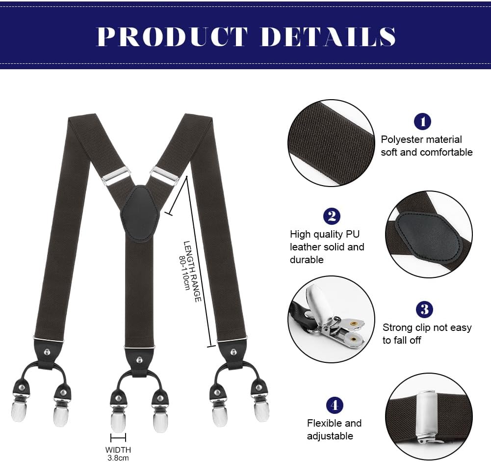 Detalle de ACWOO Bretelle da uomo 6 clip, extra forti, 3,5 cm regolabili ed elastiche, marrone