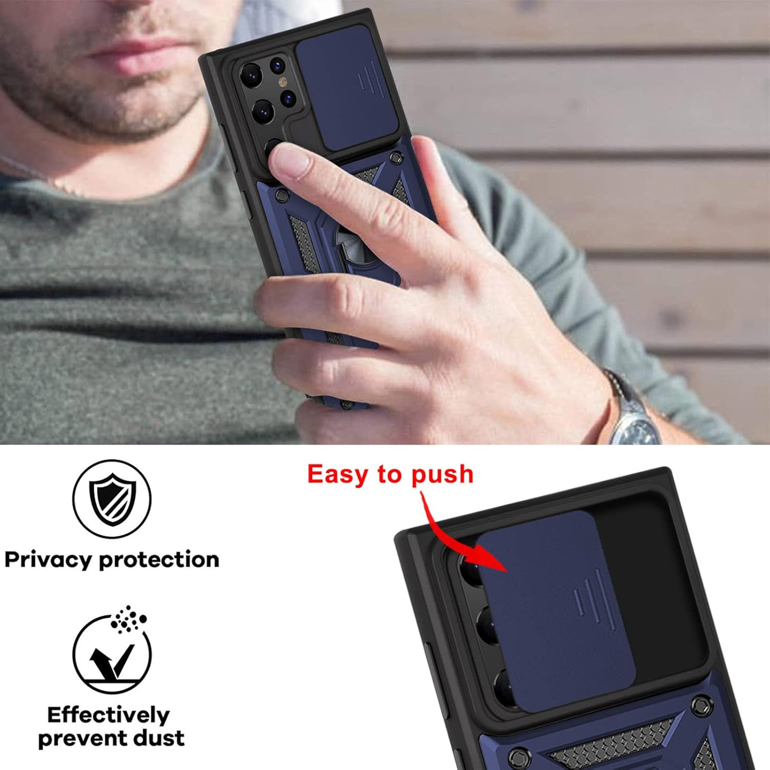 Thumbnail 2 de Asuwish Blue 3-in-1 Case with Slide Camera Cover and Tempered Glass for Galaxy S22 Ultra 5G