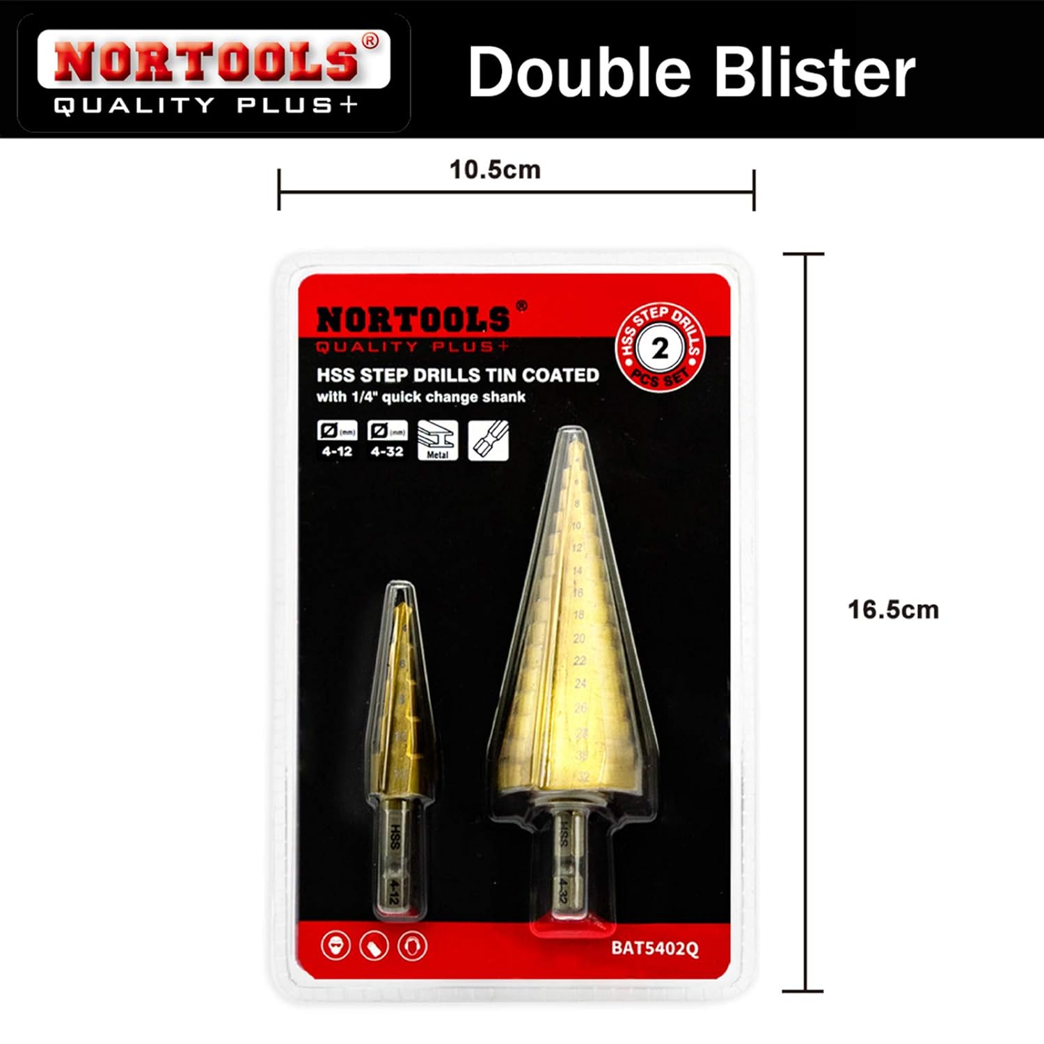 Thumbnail 6 de NORTOOLS Stufenbohrer-Set, 2 Stück – Hochgeschwindigkeits-Stahl, TiN-beschichtet, 1/4-Zoll-Schaft