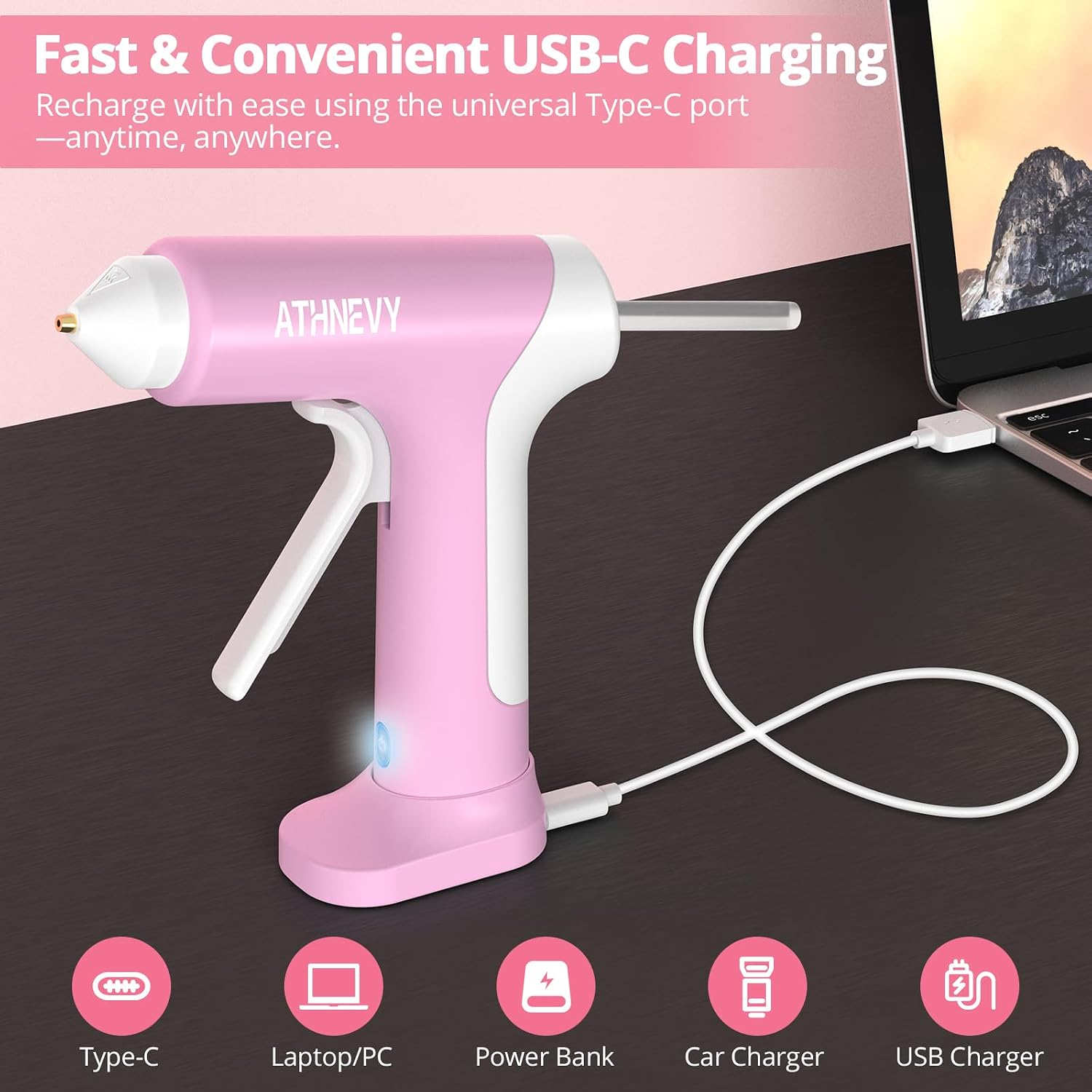 Detalle de Cordless Hot Glue Gun, 4V 10s Fast Preheat – USB-C, 2000mAh Battery, Anti-Drip Nozzle, 30 x 7mm Sticks (Pink)