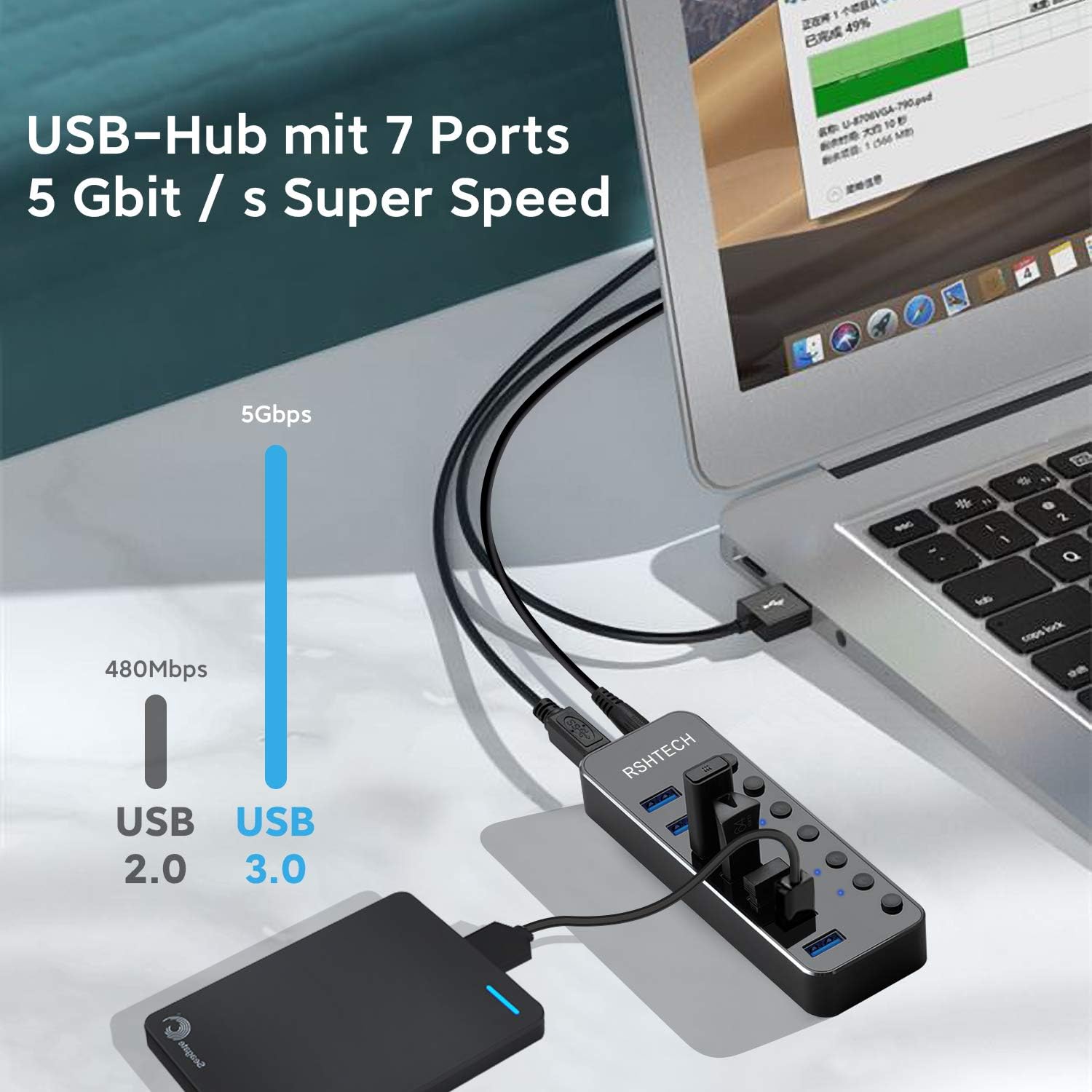 Detalle 2 de RSHTECH USB Hub Aktiv 3.0 7 Ports