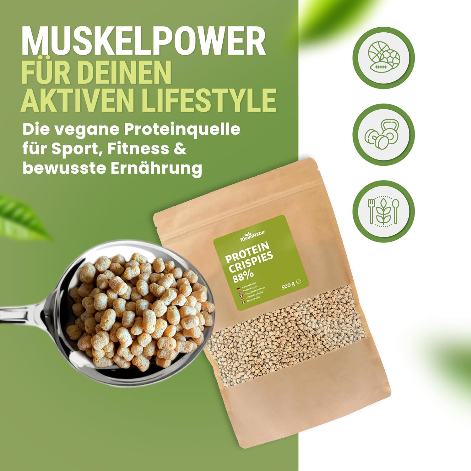 Detalle de RheinNatur soja-eiwitcrispies, 88% eiwit, vegan, 500 g