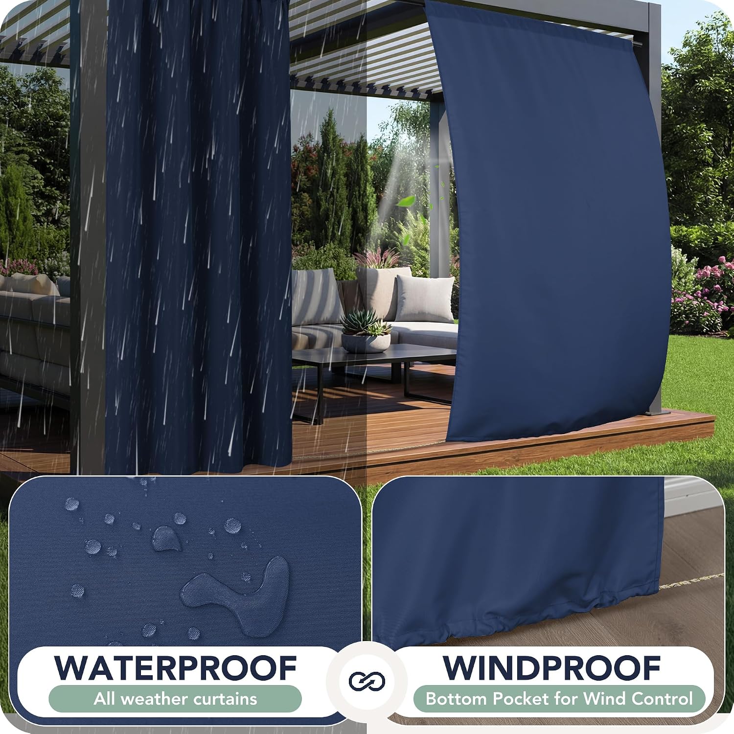 Detalle 2 de RichSets Outdoor Curtains, 8 Panels, Waterproof Navy Polyester, 54 x 84 Inch