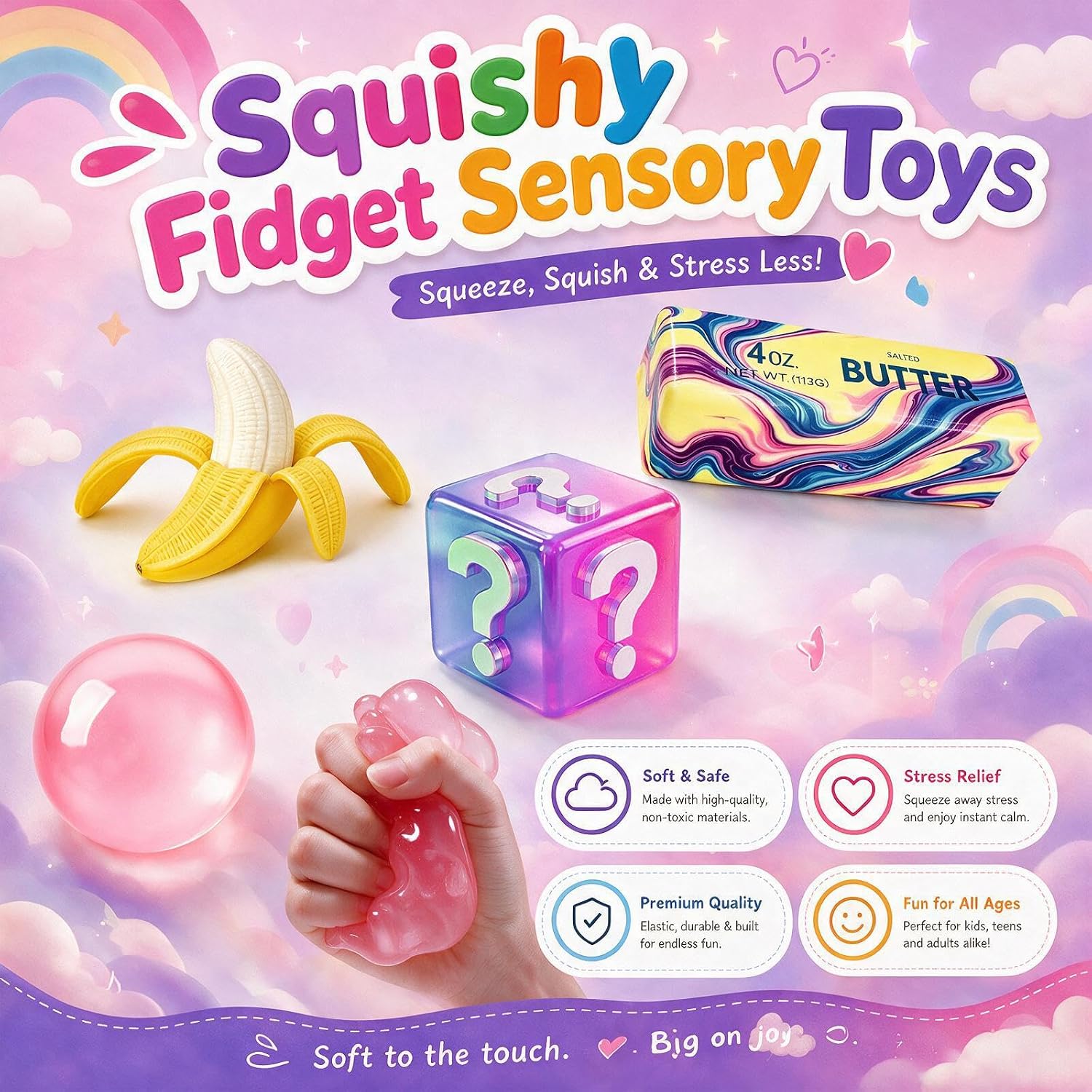 Detalle de XXOUQL 4-Piece Squishy Pack, Butter and Banana TPR Squeeze Toys