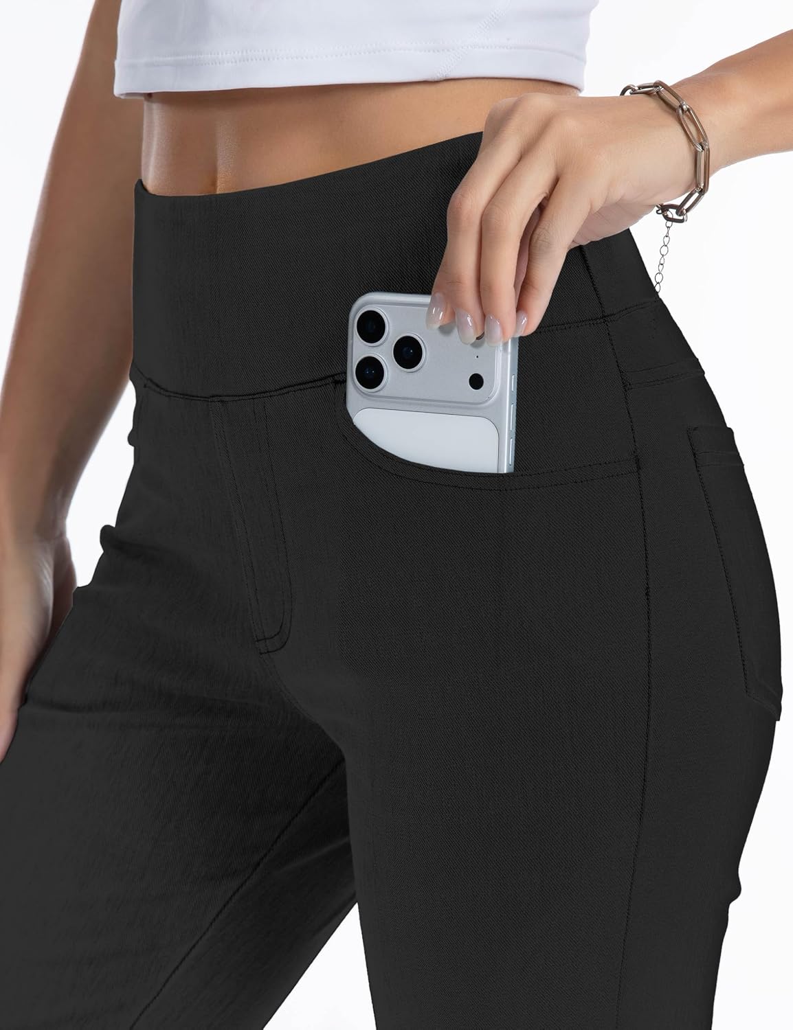 Detalle de THE GYM PEOPLE High Waist Bootcut Jeans Damen mit Bauchkontrolle & Taschen (Stretch-Denim, weites Bein)