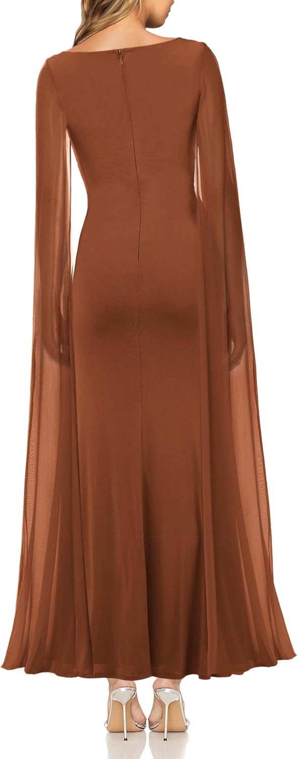 Thumbnail 4 de MAYFASEY Women's V Neck Split Formal Dress with Cape – Mesh Ruched Long Dress