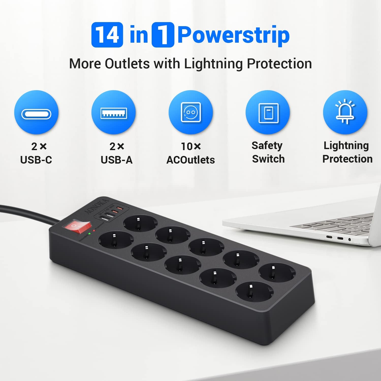 Detalle de oorkyzz Ciabatta multipresa con protezione da sovratensione (fino a 1700 Joule), 10 prese e 4 USB-C, 1,5 m, nero