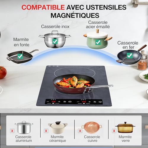 Detalle 2 de GTKZW Plaque Induction 2 Feux 3000W – Modèle portable encastrable ou libre avec 9 niveaux et minuterie