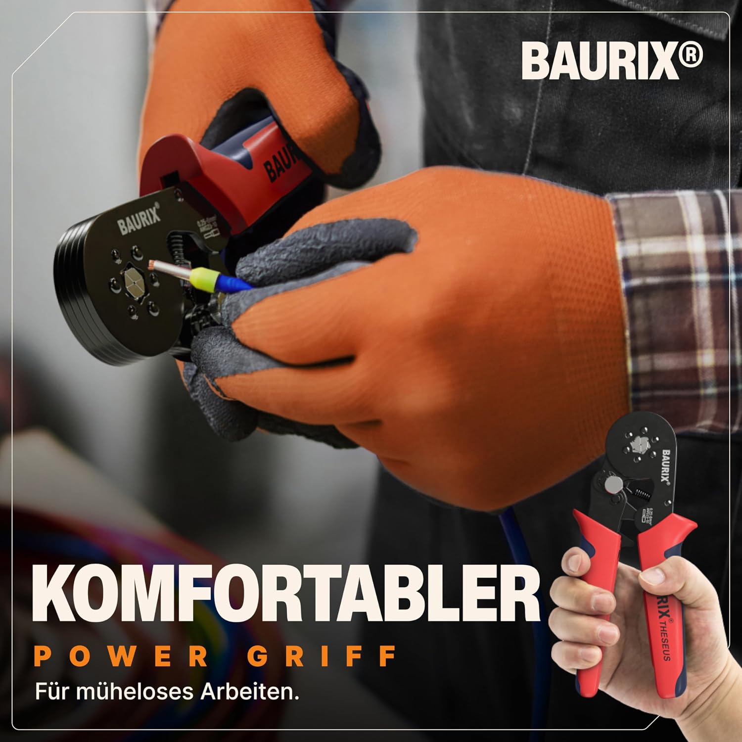 Detalle 2 de BAURIX® Crimpzange & Abisolierzange mit 2000 Aderendhülsen Set – Sechskant-Verpressung, selbstjustierend