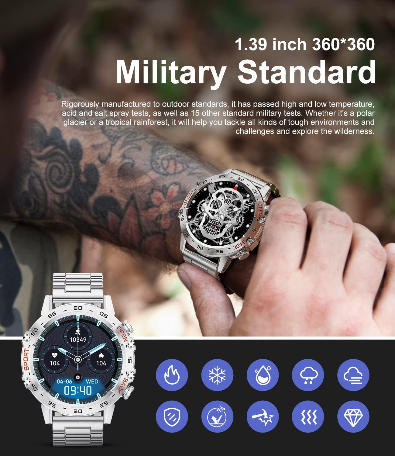 Detalle de Military Smart Watch for Men (IP67) with Bluetooth voice calls, heart rate, SpO2 & sports tracking