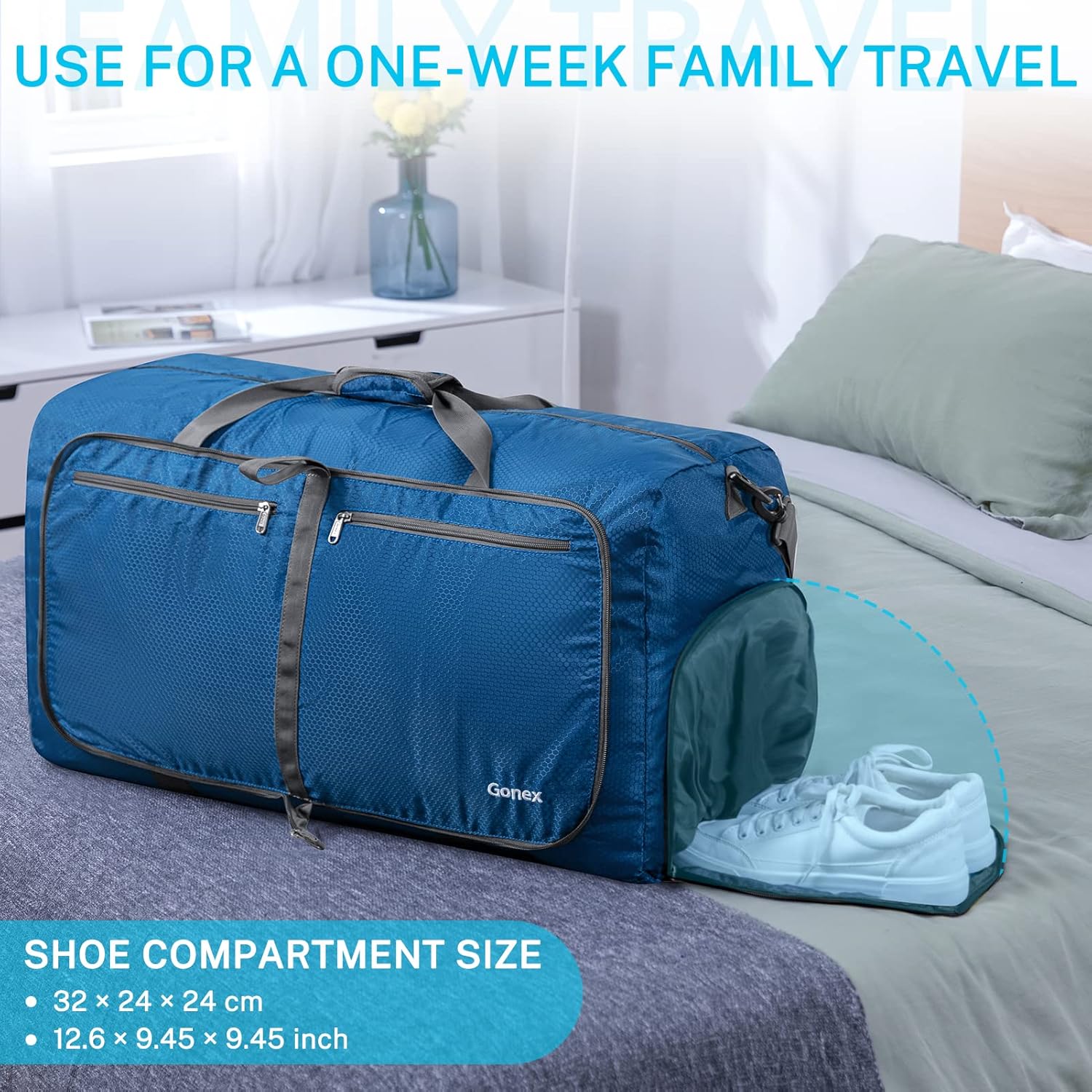Detalle de Gonex 150L Large Foldable Travel Duffle Bag with Shoes Compartment – Deep Blue