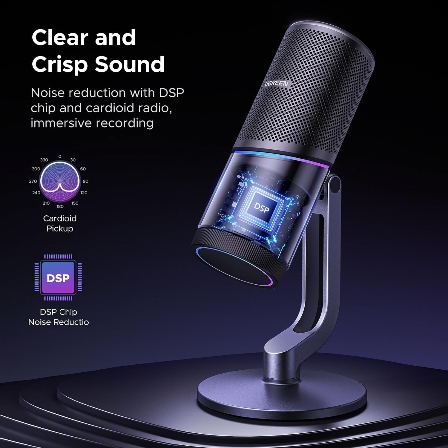 Detalle de UGREEN USB Microphone with 24-bit/96 kHz Audio, Cardioid Pickup and RGB
