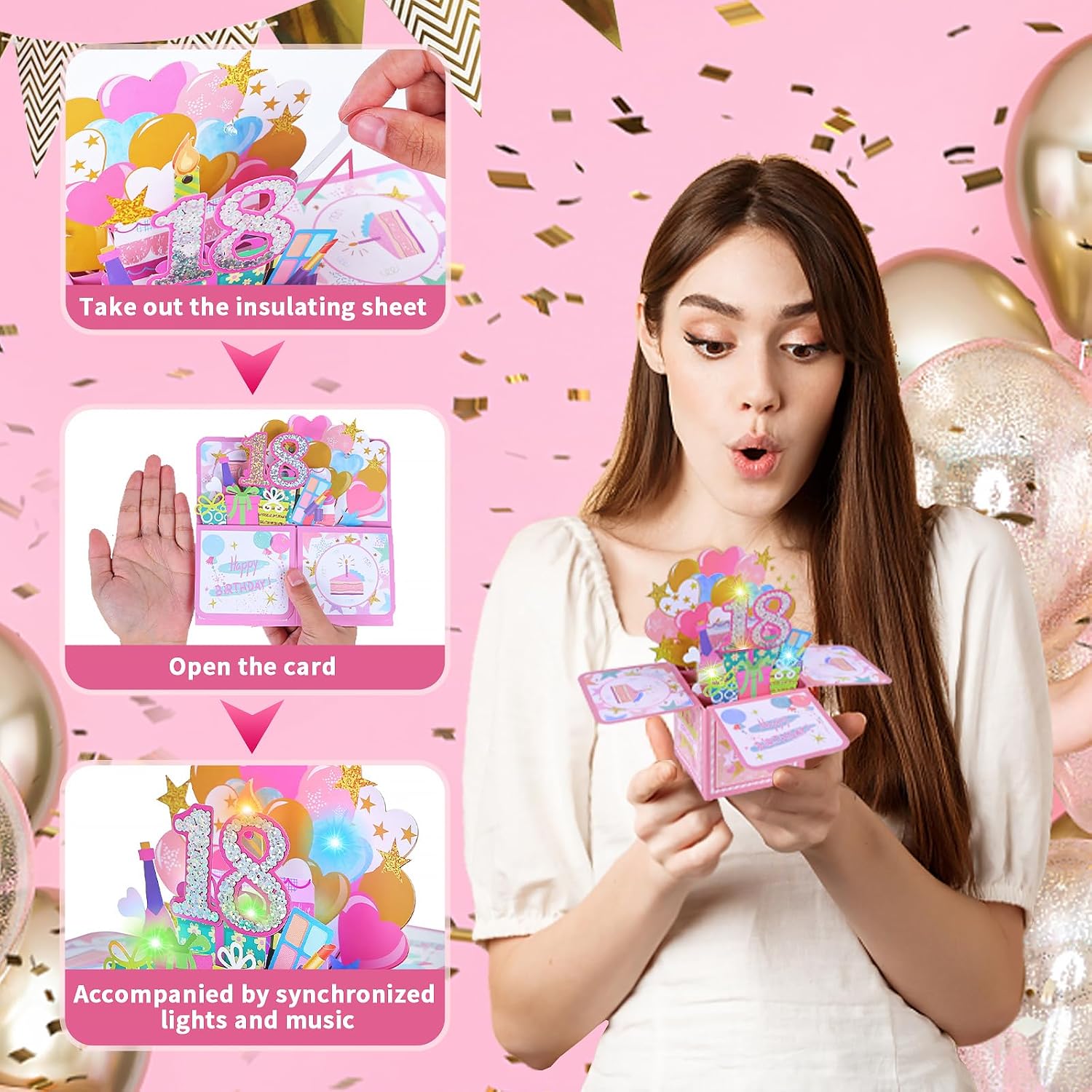 Detalle de Joyoldelf Biglietto Auguri Compleanno 18 Anni - 3D Musicale e Luce, Regalo Donna • Pop Up con Candeline LED