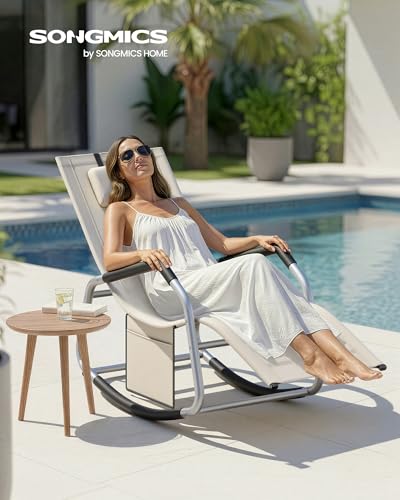 Detalle de SONGMICS Mecedora y Silla Tumbona GCB230WZ01 Beige: confort ergonómico con cojín ajustable y bolsillos