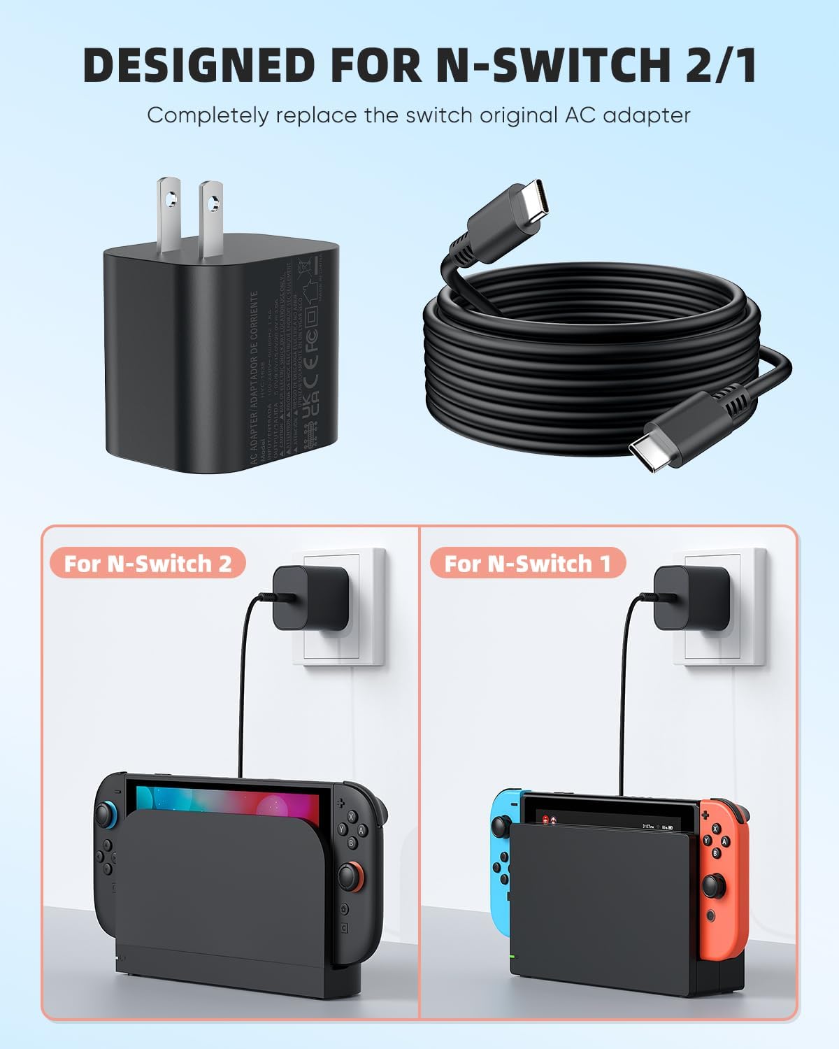 Thumbnail 3 de (10FT) Switch 2 60W AC Charger with Detachable Cable — 20V/3A USB-C Adapter for Switch 2 Dock Mode & TV 4K