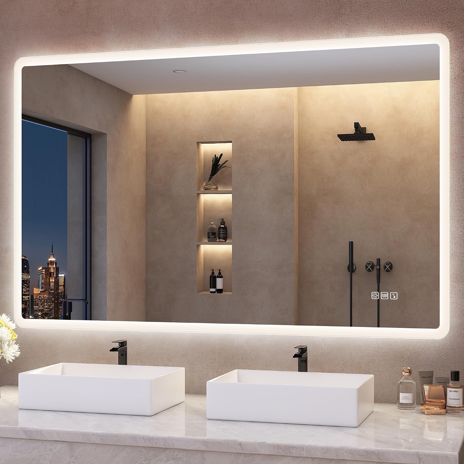 Detalle de S'bagno Badspiegel mit Beleuchtung 120x70 cm (LED) inkl. Bluetooth, Anti-Beschlag, dimmbar