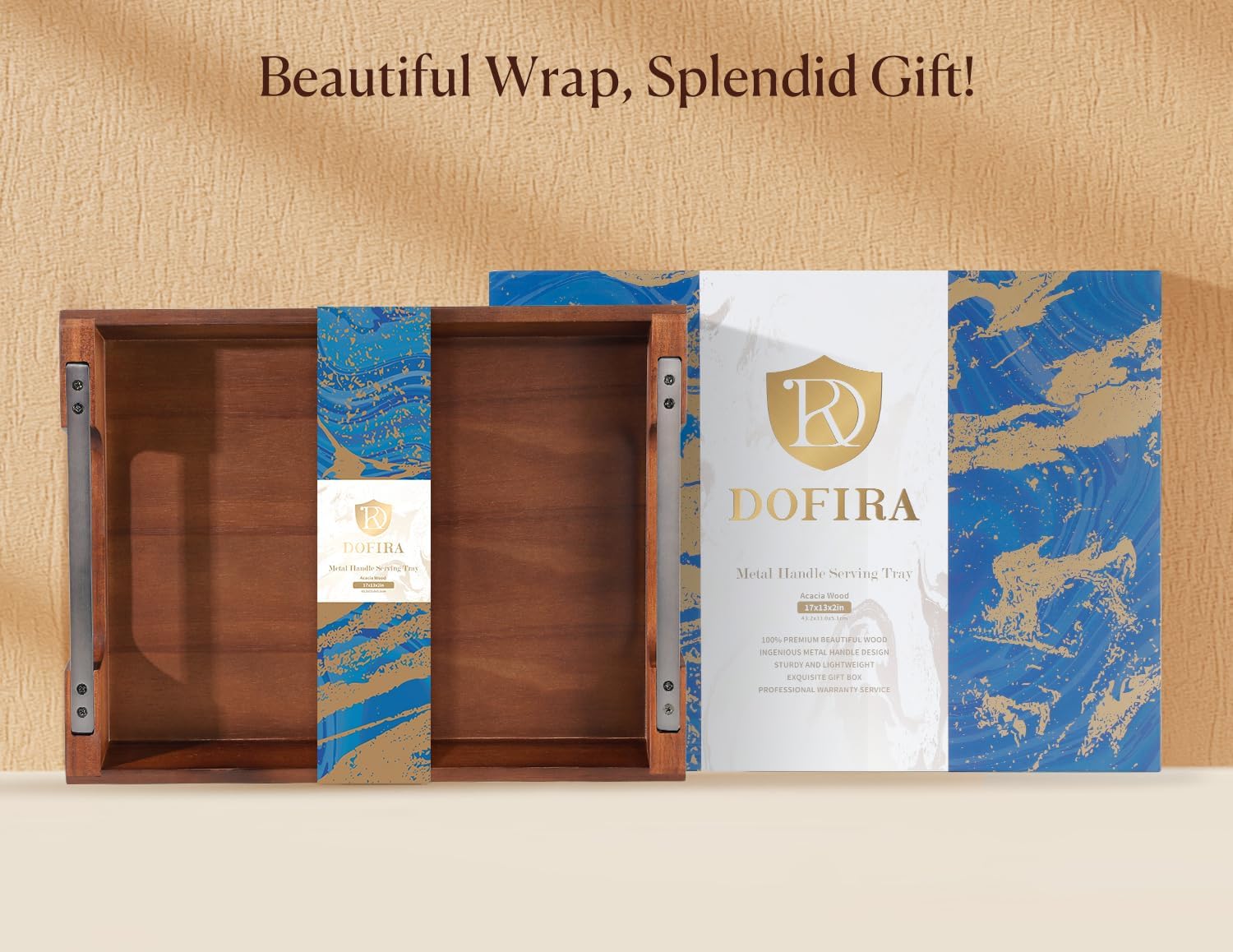 Detalle de Dofira Acacia Wood Serving Tray with Metal Handles (17x13in)