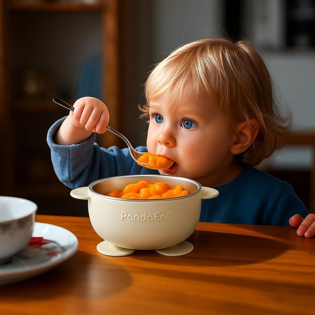 Detalle 2 de PandaEar Baby Suction Bowls, set met 3 roestvrijstalen kommen en 3 siliconenlepels