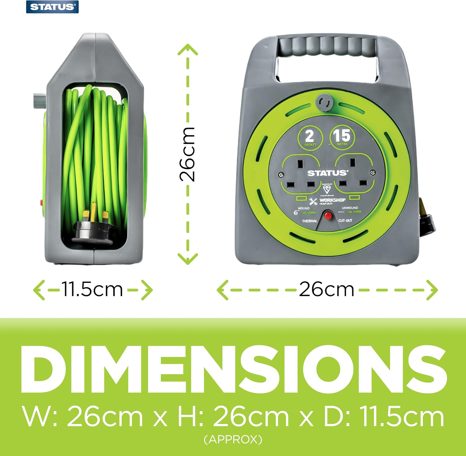 Detalle 2 de STATUS 2 Socket Cable Reel 15m Green Extension Lead