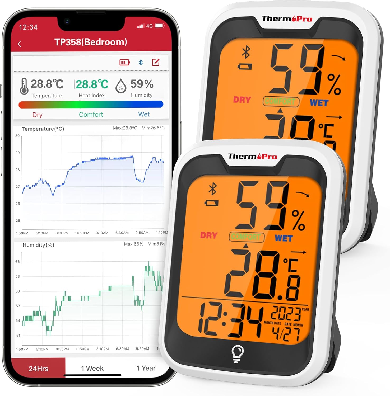 Thumbnail 6 de ThermoPro TP358 termometro igrometro Bluetooth interno con orologio e retroilluminato, controllo via app