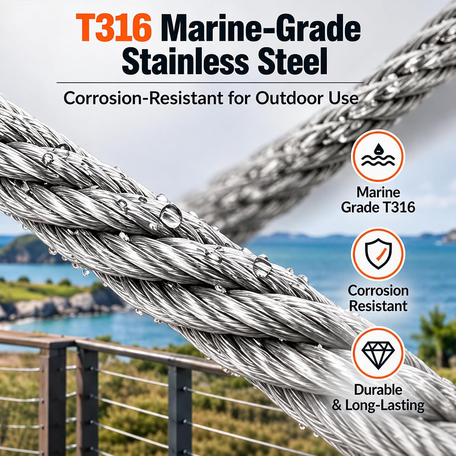 Detalle de AHEONLAR Model 1 1/8-Inch T316 Stainless Steel Railing Cable, 500 ft