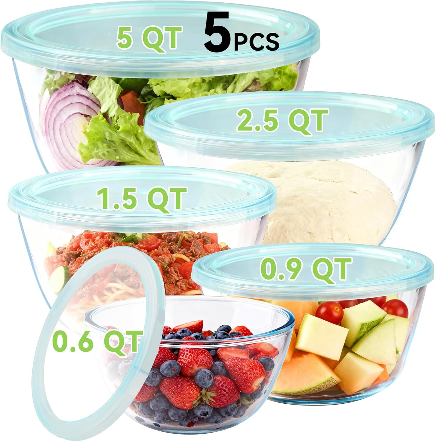 Detalle de YUANYE 5 Pack Glass Mixing Bowls with Lids Set (5/2.5/1.5/0.9/0.6QT) with Nesting Design