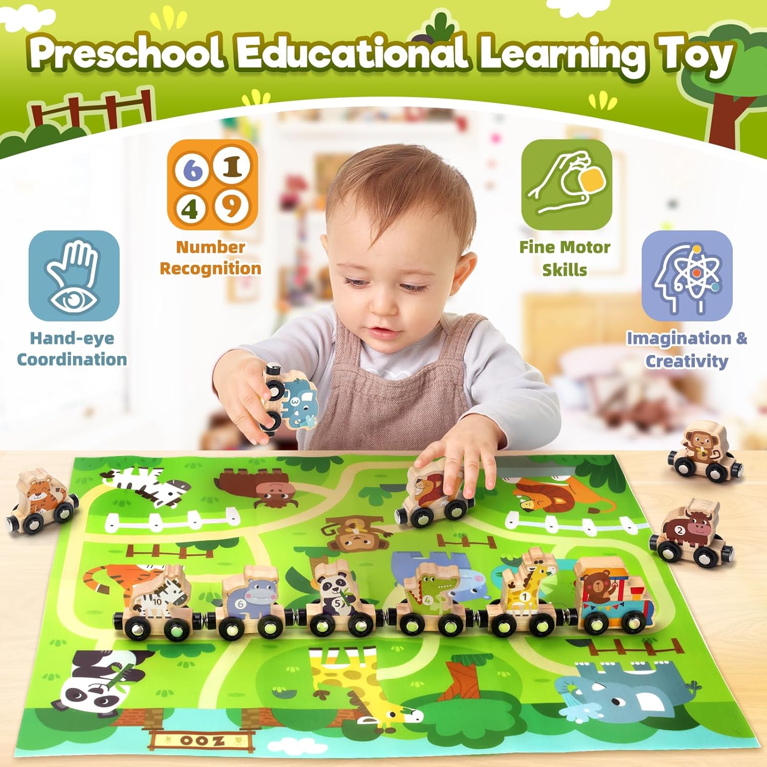 Detalle 2 de WhizWinks Jouet enfant 2 ans : train magnétique en bois sur tapis de jeu, ferme et animaux (1-2-3-4 ans)