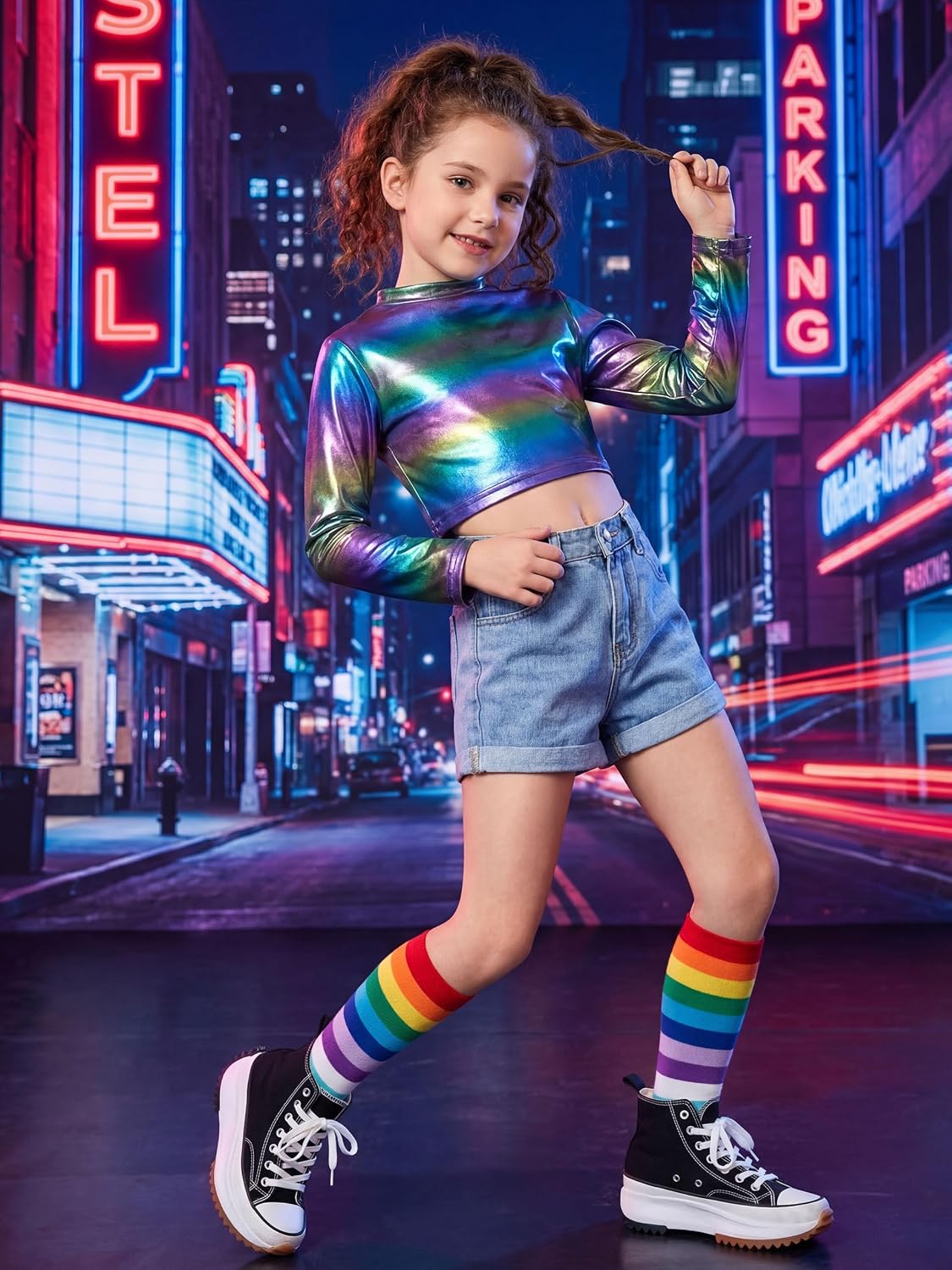 Detalle de LOLANTA Metallic Long-Sleeve Cropped Dance Top for Girls, Shiny Mock Neck