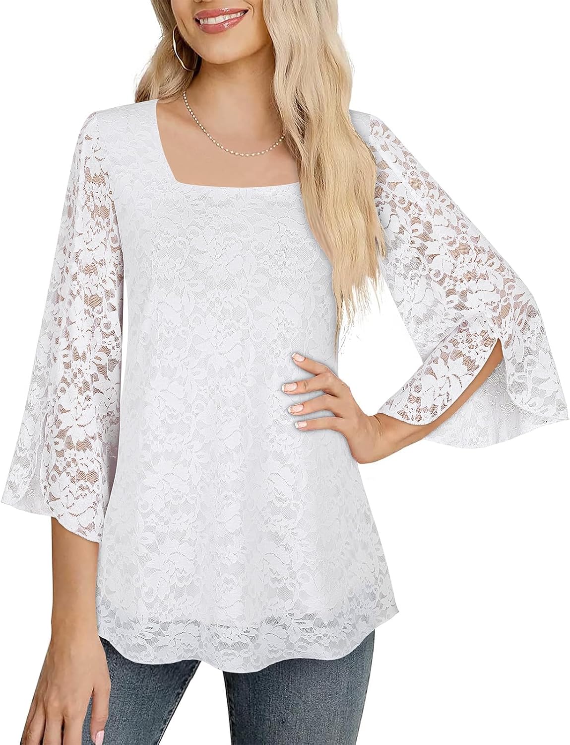 Detalle de Syphiby Women's Blouses: Ruffle 3/4 Sleeve Chiffon Tunic Top