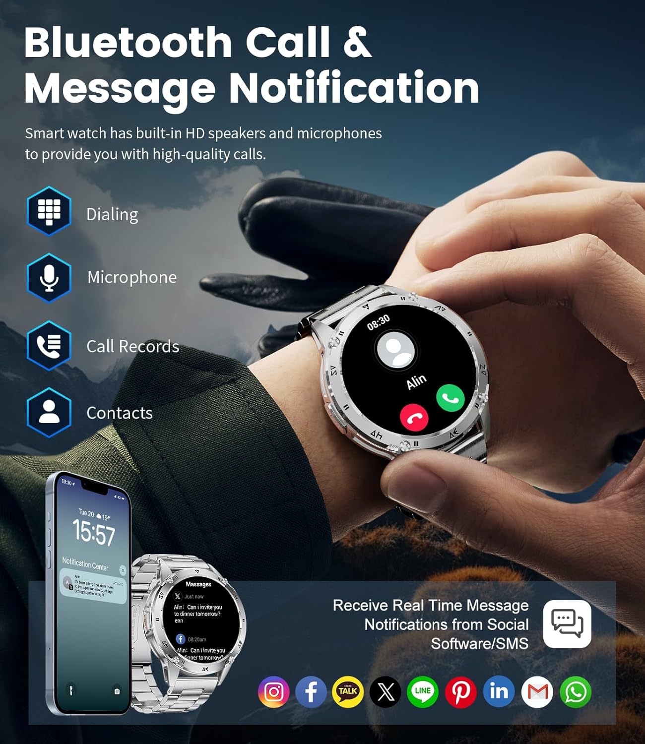 Thumbnail 2 de CHOOSETIME Montre connectée pour homme 1,43” AMOLED : appels Bluetooth, fréquence cardiaque et sommeil, IP68