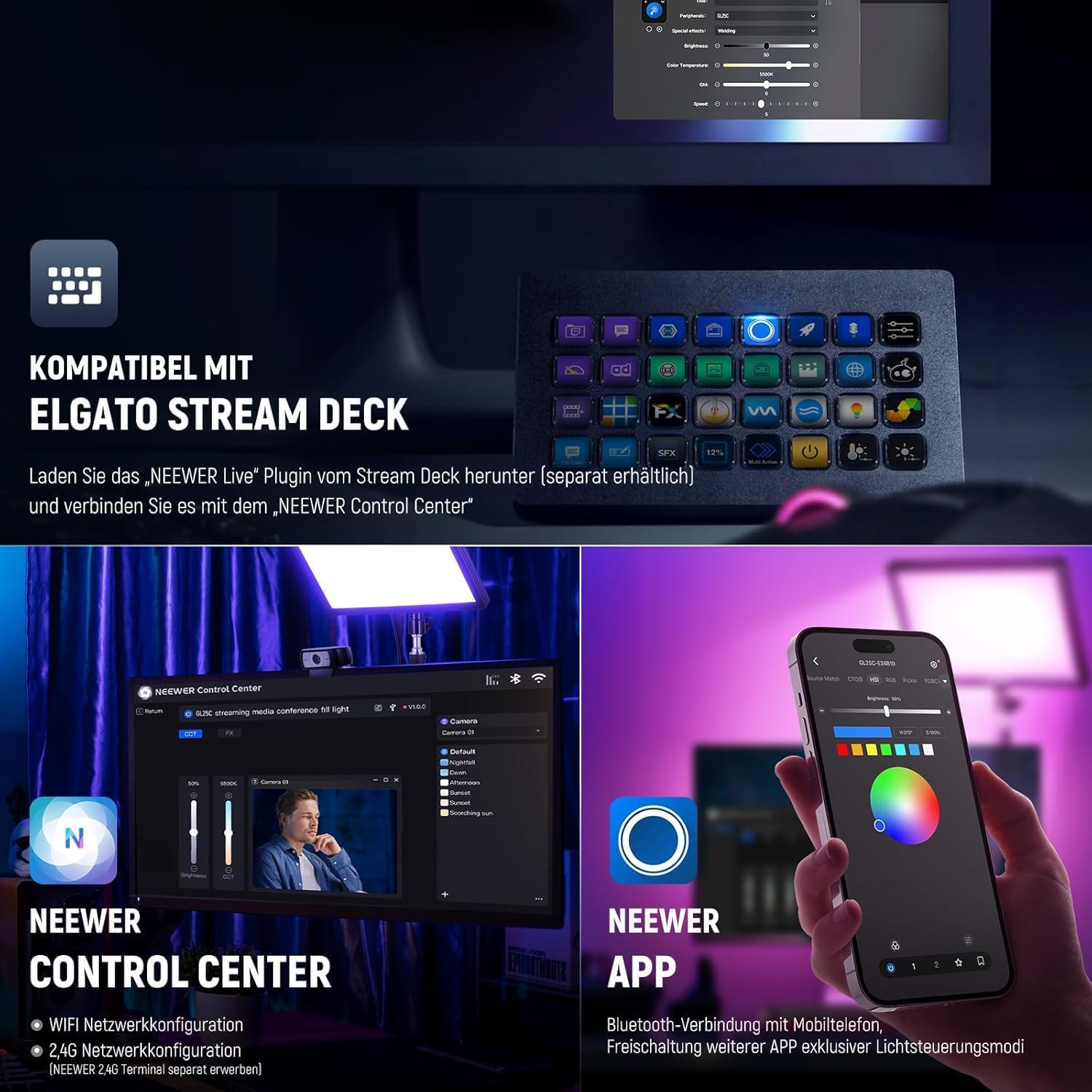 Thumbnail 5 de NEEWER GL25C LED RGB Streaming Key Light mit App-/PC-/Stream-Deck-Steuerung, 25 W