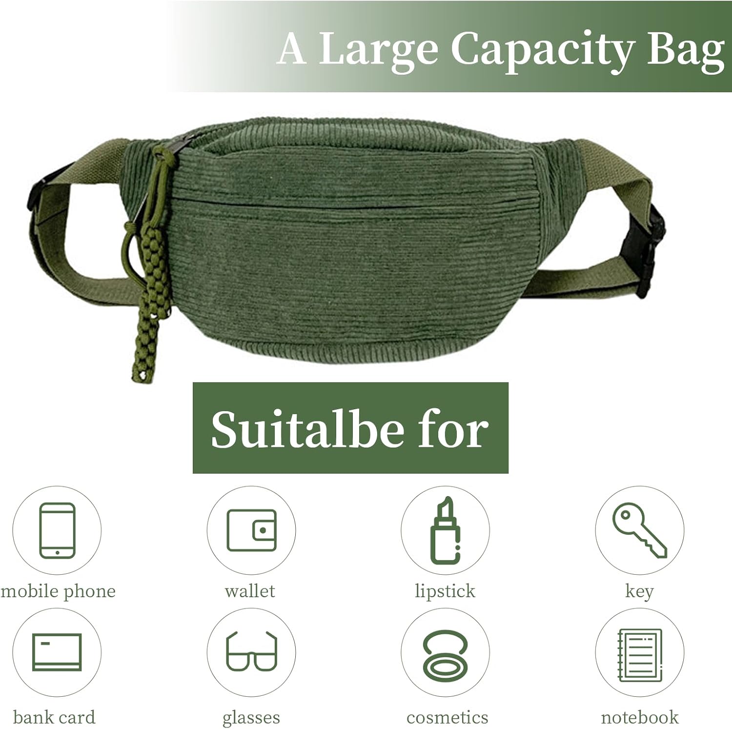 Detalle de Cord Umhängetasche Damen – Grün, vielseitige Bauchtasche mit 34 × 15 × 11 cm